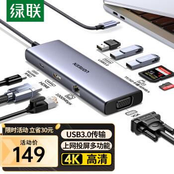 绿联Type-C扩展坞USB-C读卡器雷电3/4拓展坞转换器HDMI分线器网口转接头通用苹果电脑MacBook华为笔记本ipad